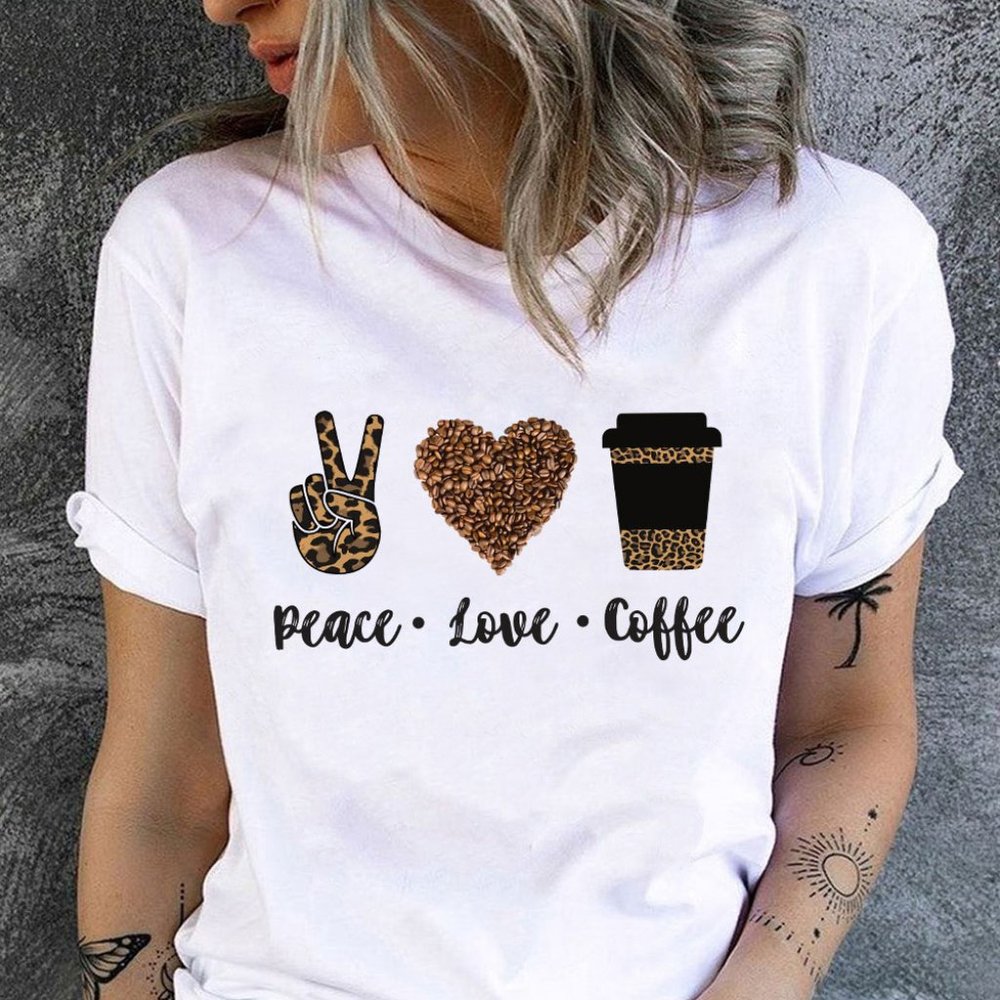 💜 New Peace Love Coffee Short Sleeve T-Shirt - Picture 1 of 2
